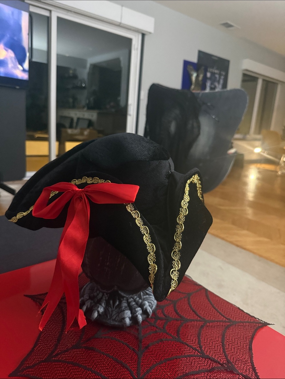 Black Tricorn Pirate Hat with Red Ribbon and Gold Trim